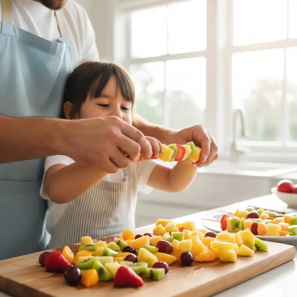 Parent and child making colorful fruit skewers, demonstrating easy and fun meal prep.