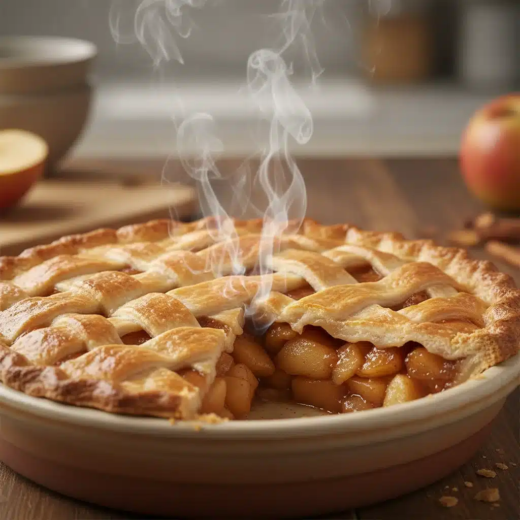 Close-up of a golden lattice-crust apple pie slice, steaming and perfectly baked.