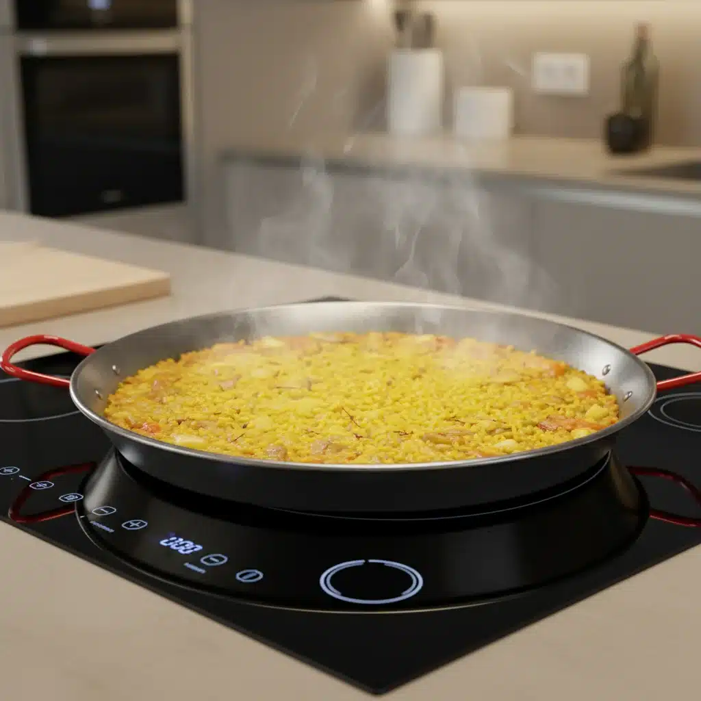 Placa de inducción de última generación cocinando una paella tradicional.