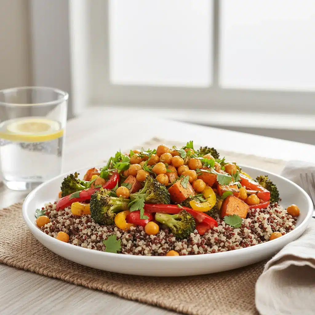 A vibrant and healthy plant-based meal with quinoa and roasted vegetables, illustrating eco-friendly dining.