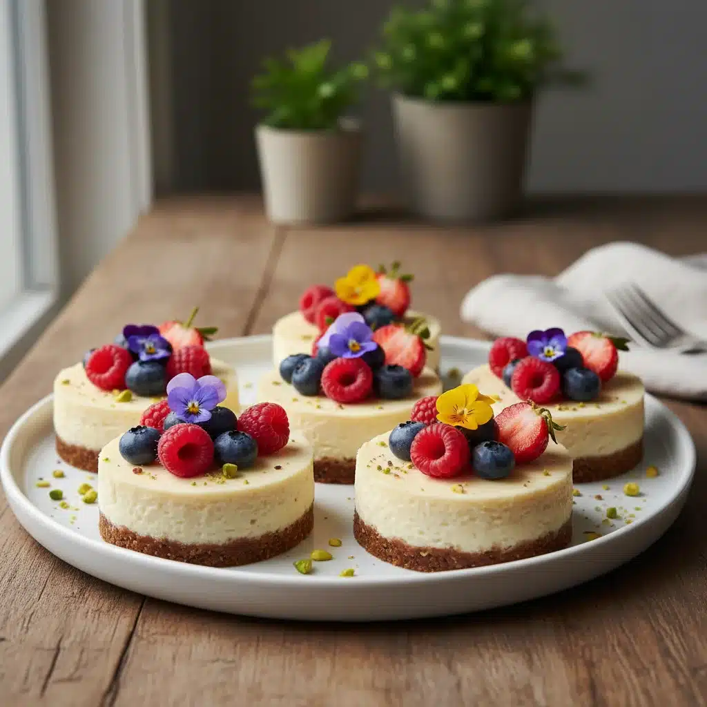 Assortment of elegant plant-based mini cheesecakes with fresh fruit toppings.