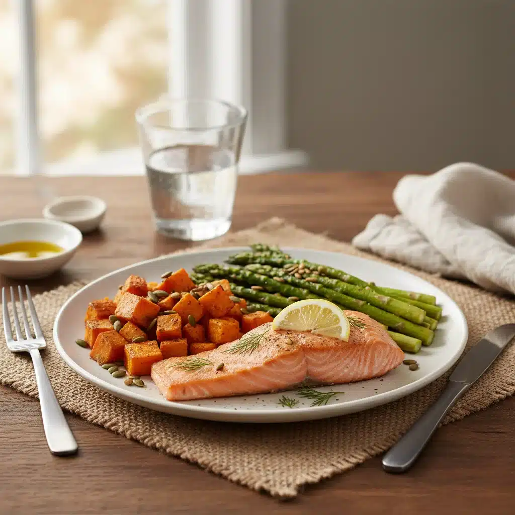 Delicious and healthy 5-ingredient salmon meal served on a plate.