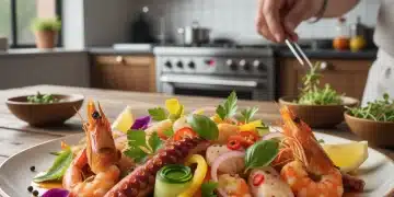 Plato de comida marinada con hierbas y especias, listo para cocinar, mostrando la exquisitez de la cocina española innovadora.