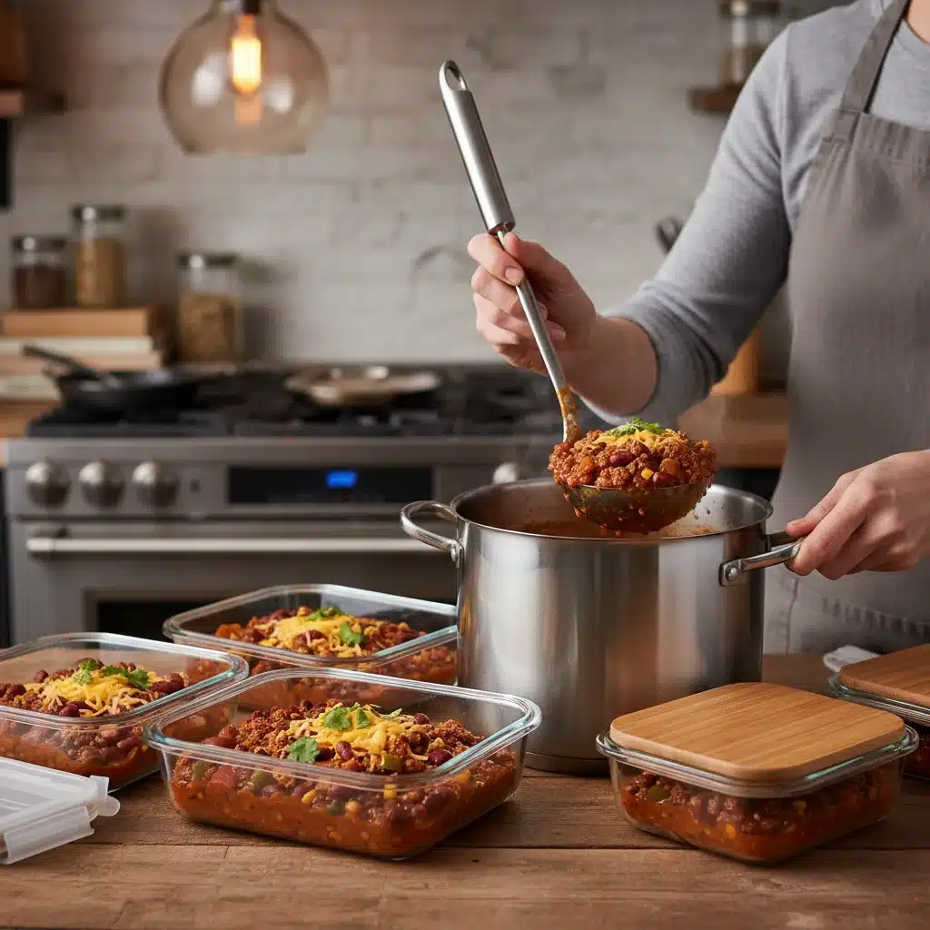 Person portioning batch-cooked chili into meal prep containers