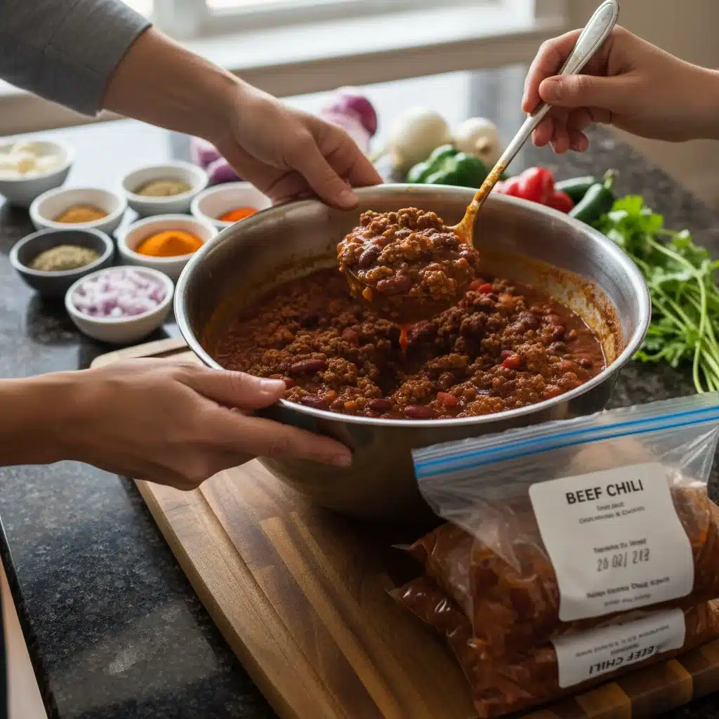 Hands portioning homemade beef chili into freezer bags for meal prep.