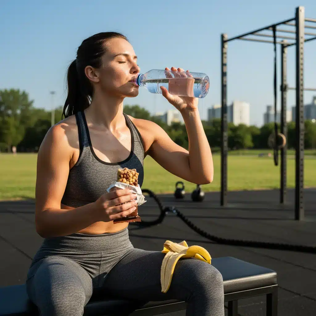 Athlete recovering post-workout, hydrating and eating a healthy snack to aid muscle repair.