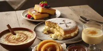 Variedad de postres españoles sin gluten, incluyendo Tarta de Santiago y Arroz con Leche, en una mesa rústica.