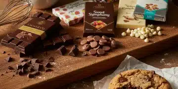 Assortment of premium baking chocolates and tools on a wooden surface.