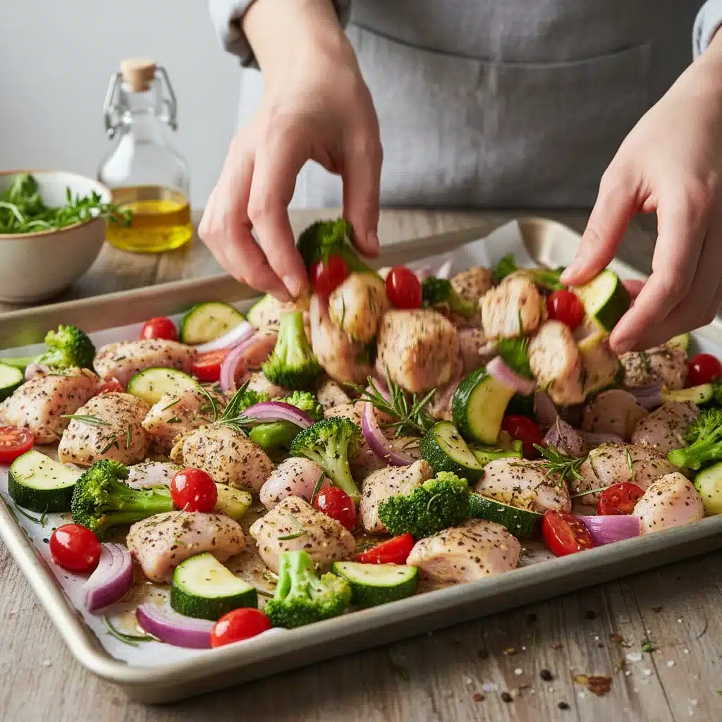 Hands tossing vegetables and chicken on a baking sheet for roasting