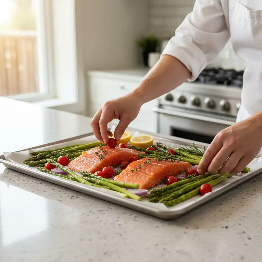 Preparing fresh salmon and asparagus on a baking sheet for a one-pan meal