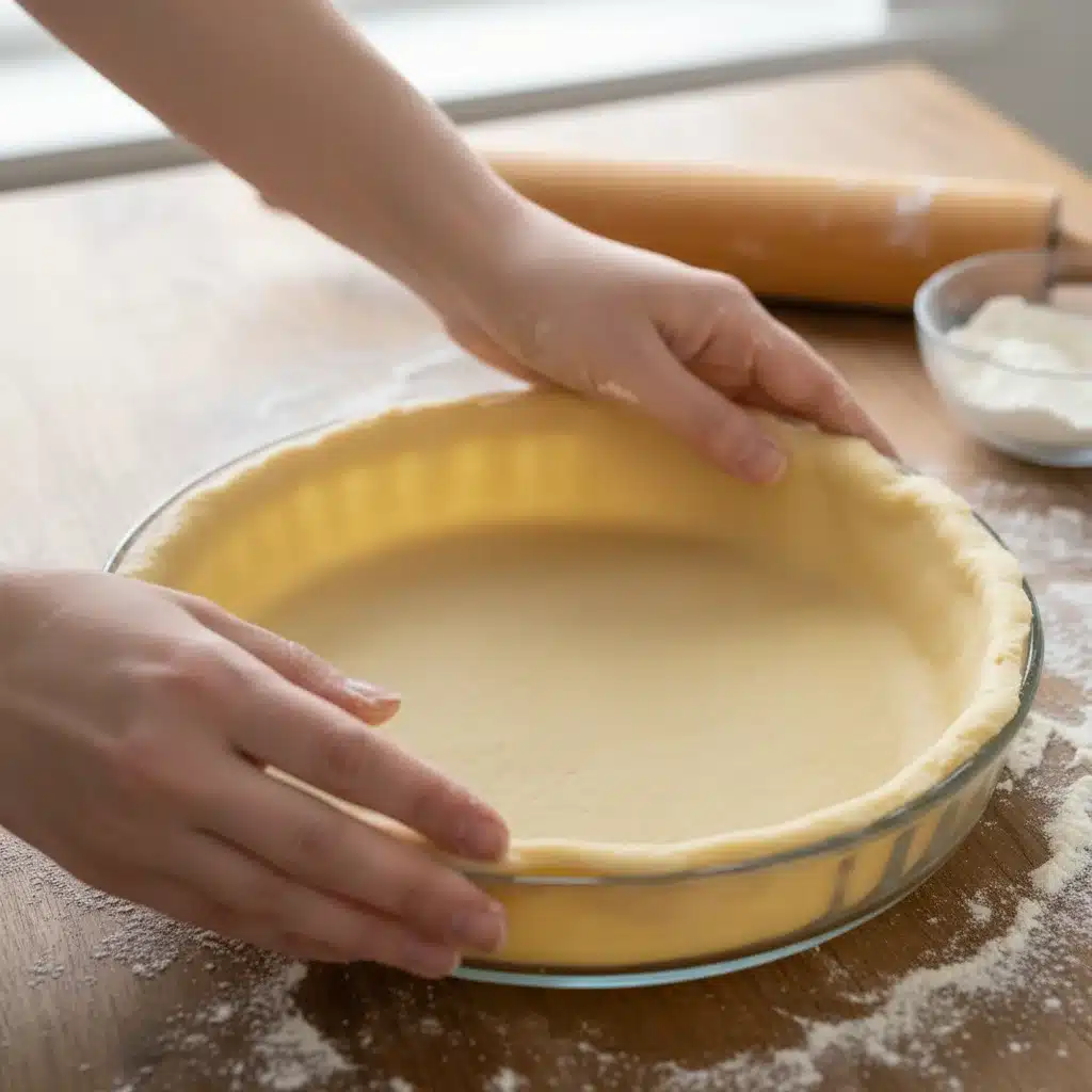 Hands pressing pie dough into a pie dish for baking.