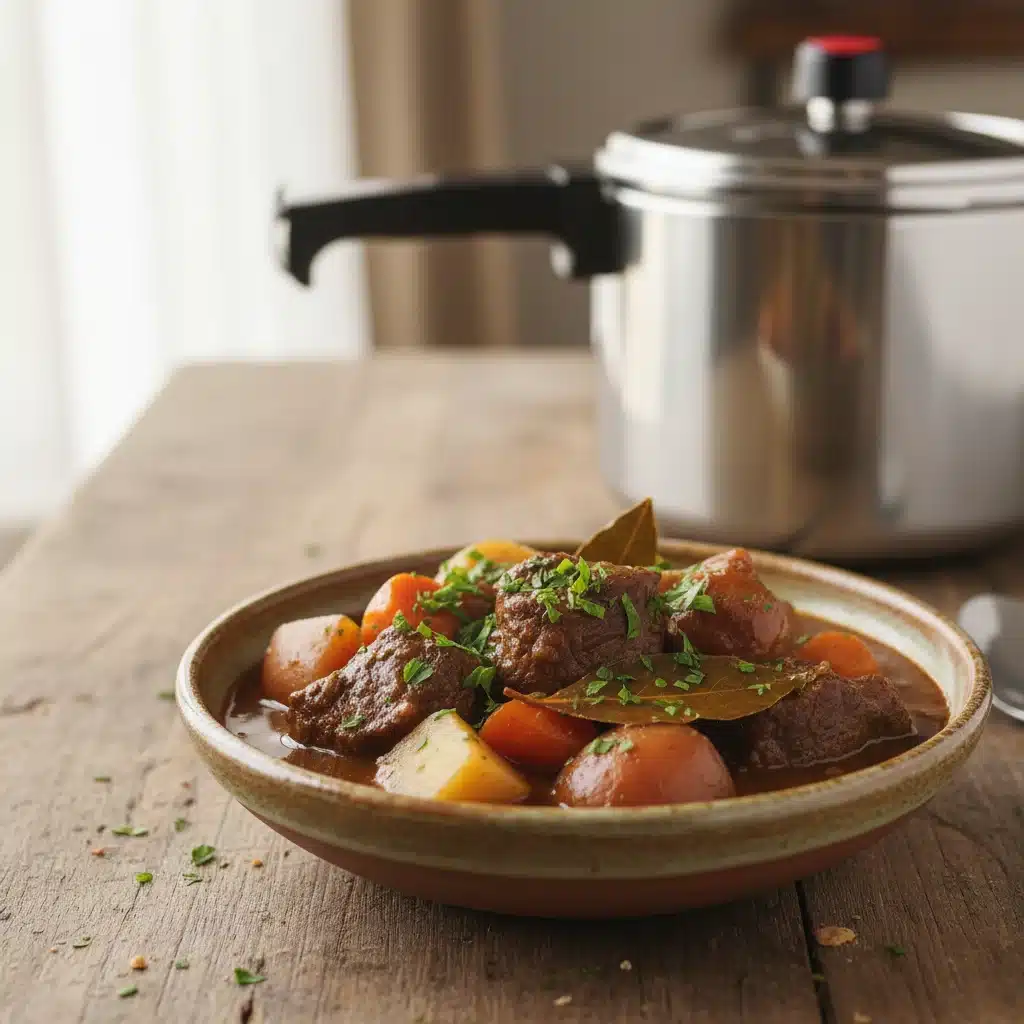 Hearty pressure cooker beef stew served in a rustic bowl
