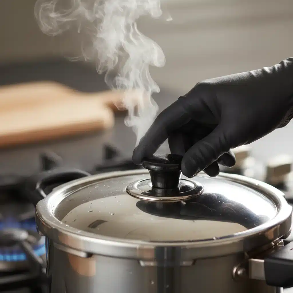 Pressure cooker lid sealing with steam vent visible