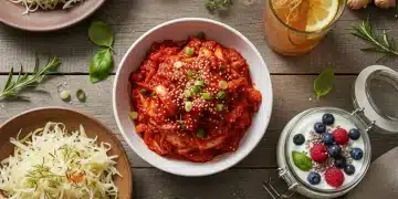 Assortment of vibrant probiotic-rich foods like kimchi, kombucha, yogurt, and sauerkraut for gut health.