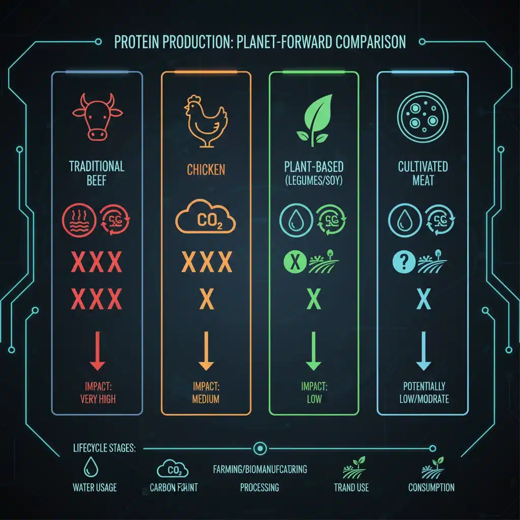 Infographic comparing environmental impact of traditional and sustainable protein sources.