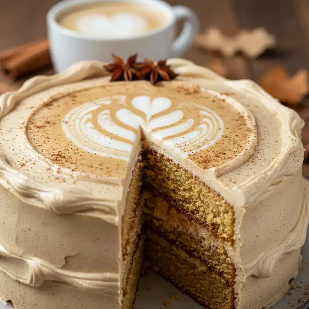 Delicious slice of pumpkin spice latte cake with creamy frosting.