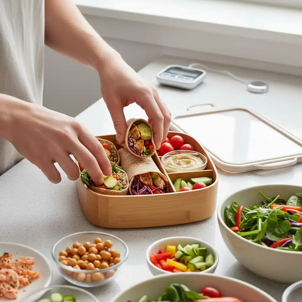 Hands quickly preparing a healthy meal in a bento box for a 10-minute lunch.