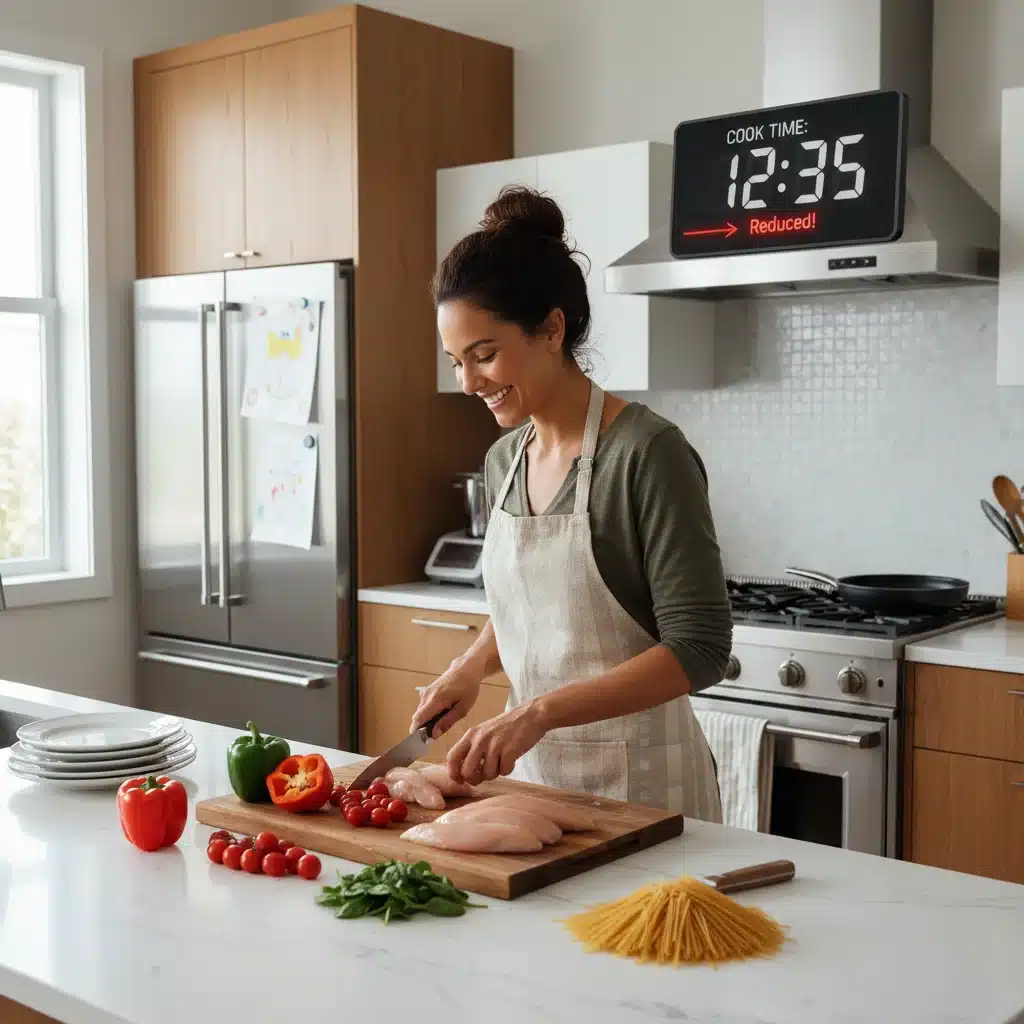Happy person quickly preparing a healthy 5-ingredient meal in a modern kitchen.