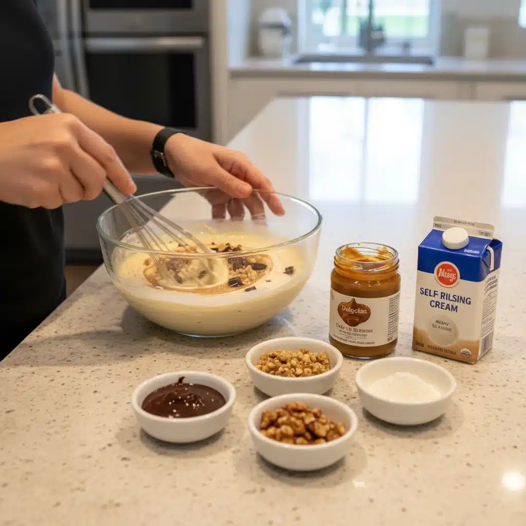 Hands quickly mixing ingredients in a bowl for an easy 5-ingredient dessert recipe.