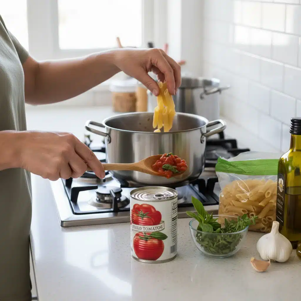 Hands preparing a quick pasta dish with pantry staples