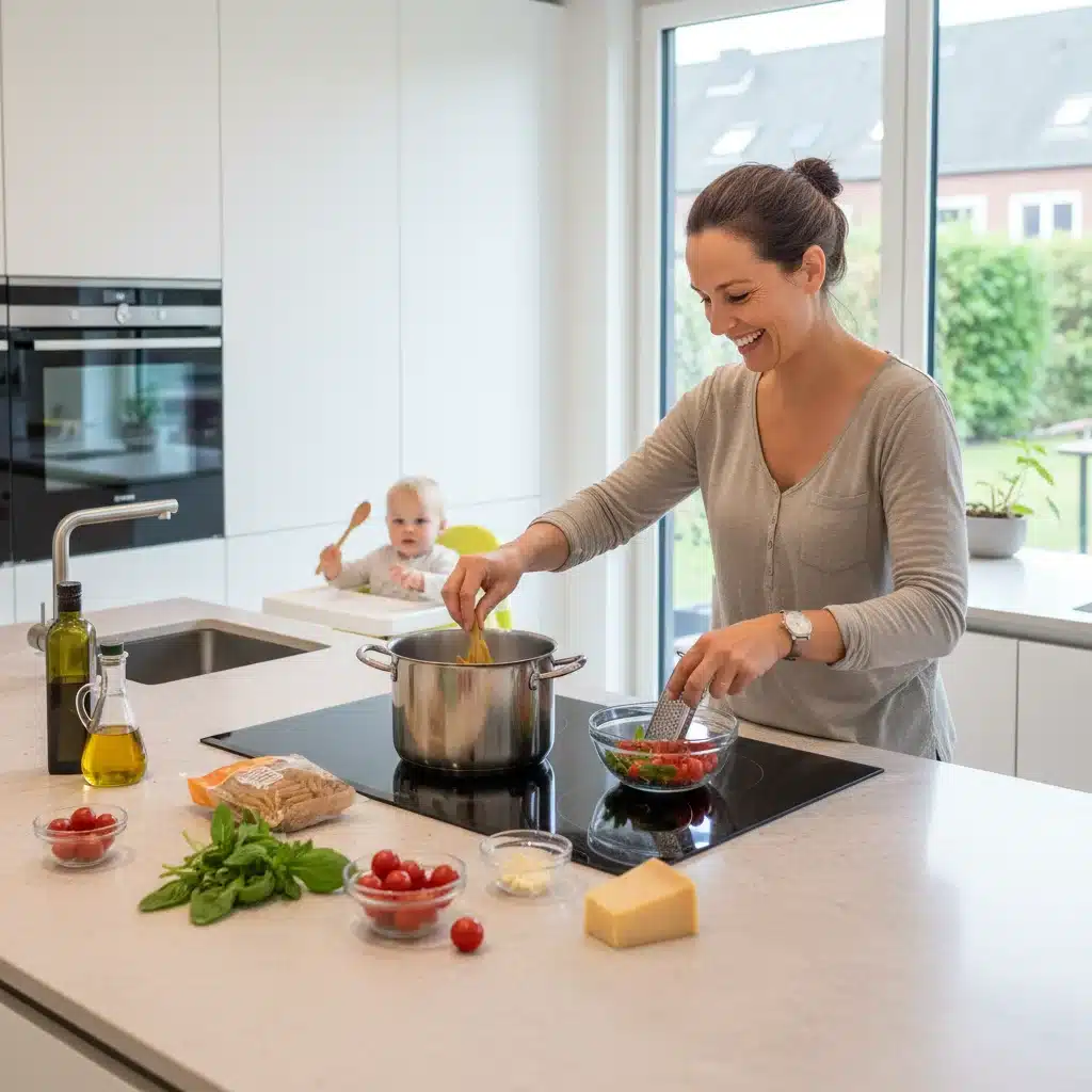Busy parent quickly preparing a simple 5-ingredient pasta dish in a modern kitchen.
