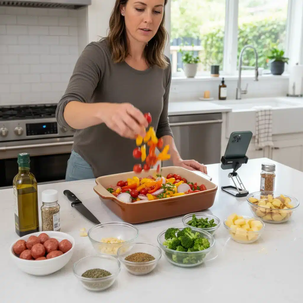 Parent preparing a quick one-pan sausage and pepper bake