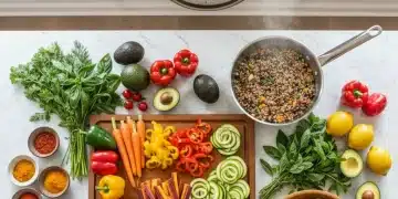 Assortment of fresh vegetables and cooking utensils on a kitchen counter, symbolizing quick vegetarian meal preparation.