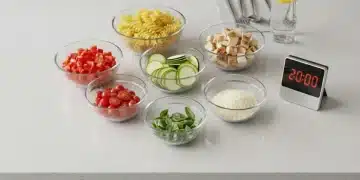 Variety of fresh ingredients prepped for quick weeknight dinners on a modern kitchen counter.