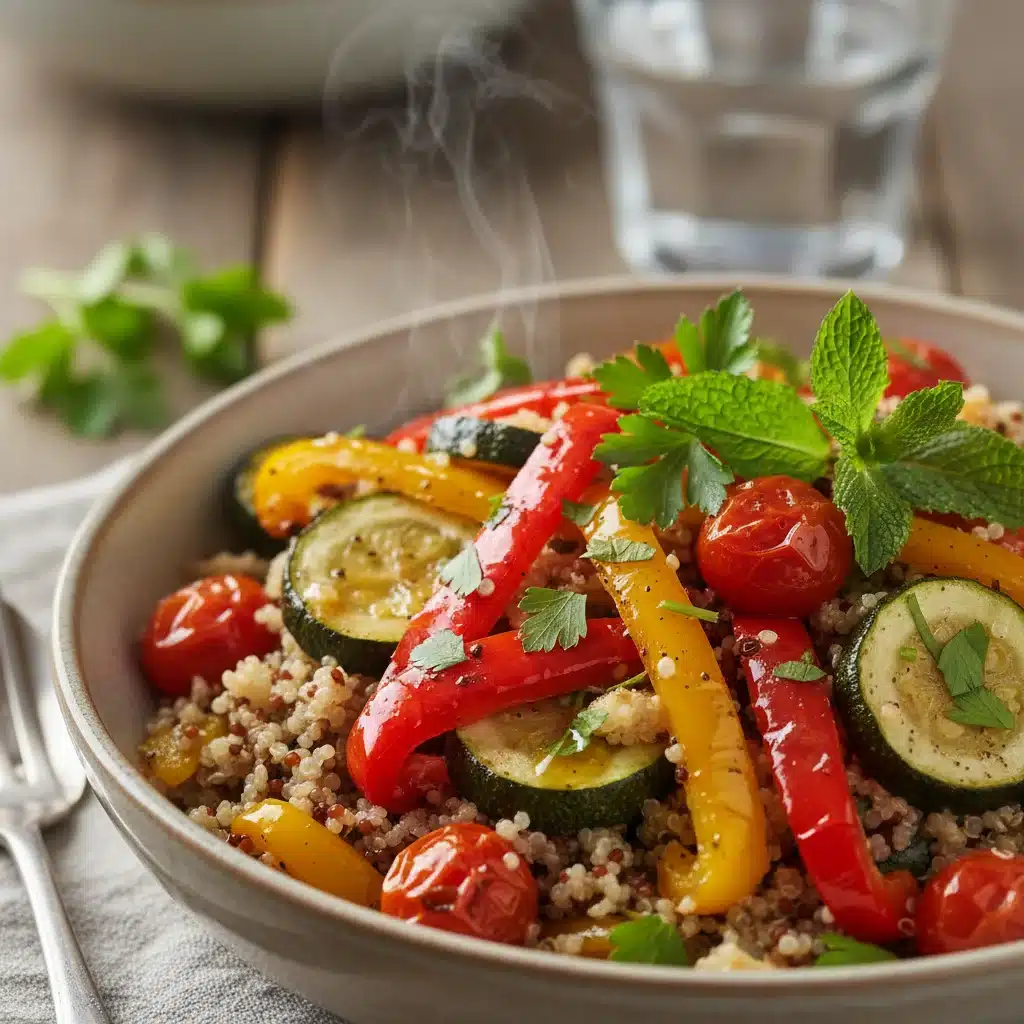 Nutrient-rich quinoa salad with roasted vegetables, a perfect low-GI lunch option.