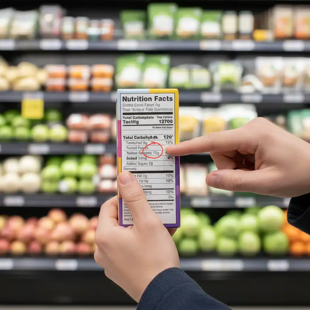 Person examining 'added sugars' on a new FDA food label in a grocery store.