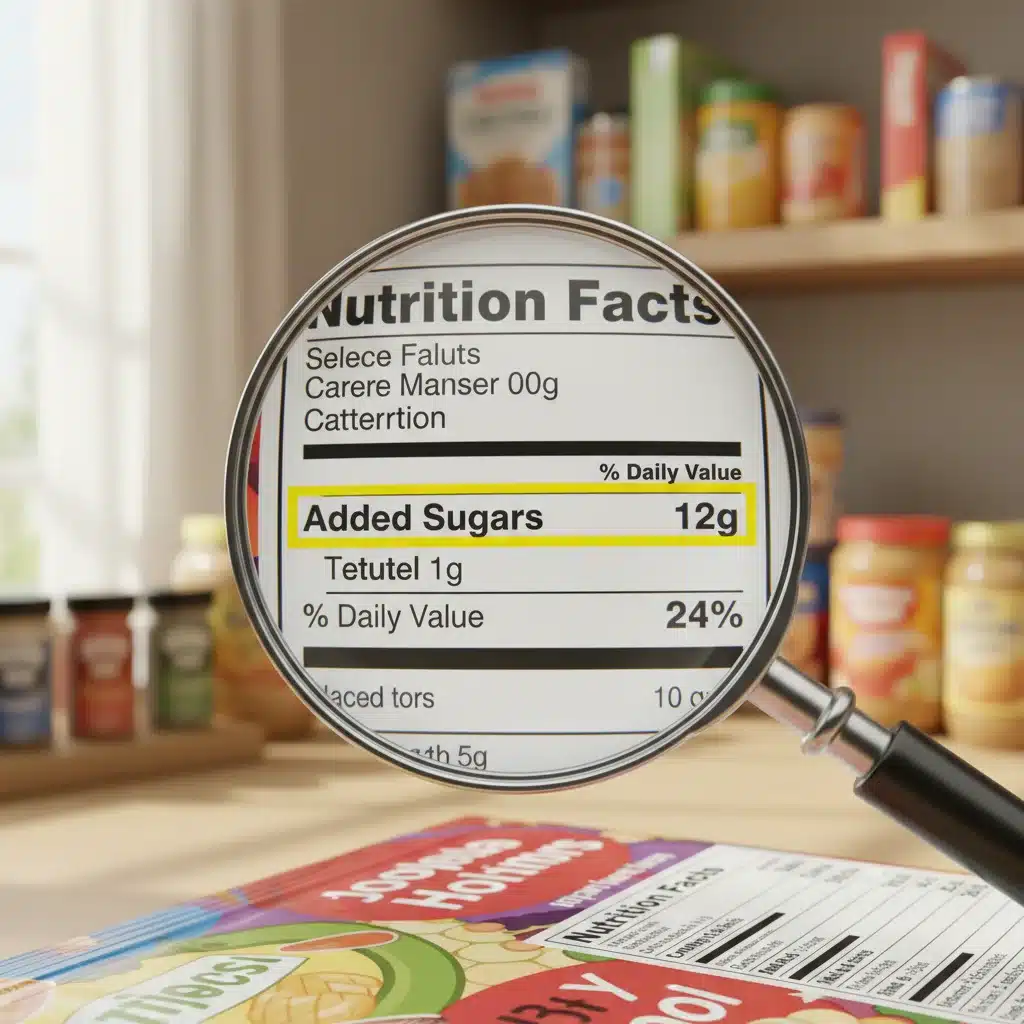 Close-up of a nutrition facts label highlighting added sugars, with a magnifying glass.