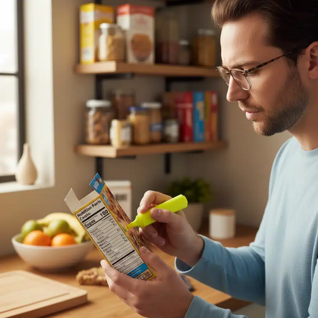 Person analyzing food nutrition label for sugar content