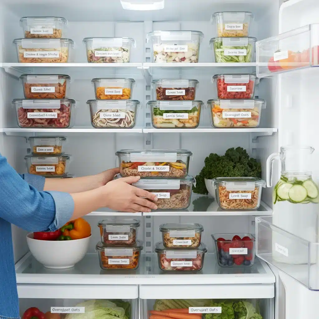 Person organizing a refrigerator with neatly stacked and labeled meal prep containers.