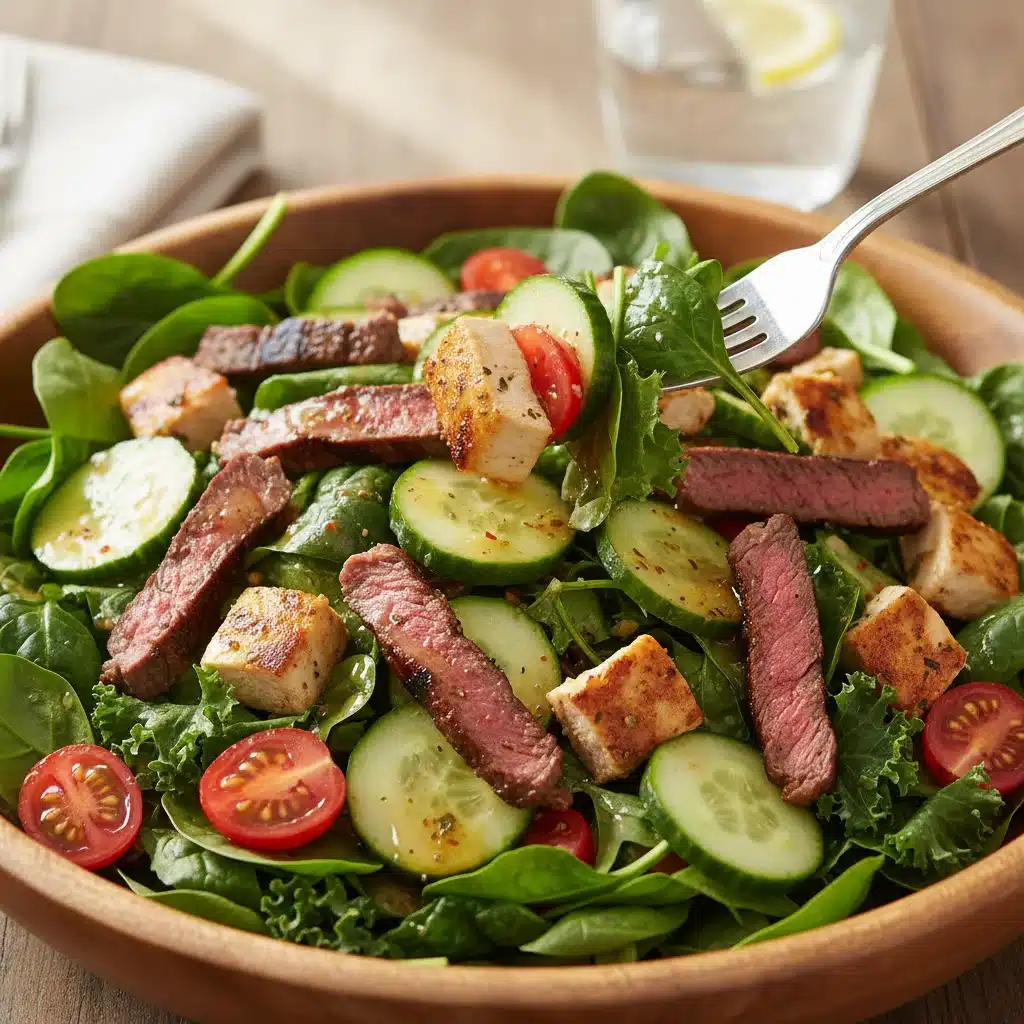 Fresh salad with repurposed grilled chicken and mixed greens, drizzled with vinaigrette.