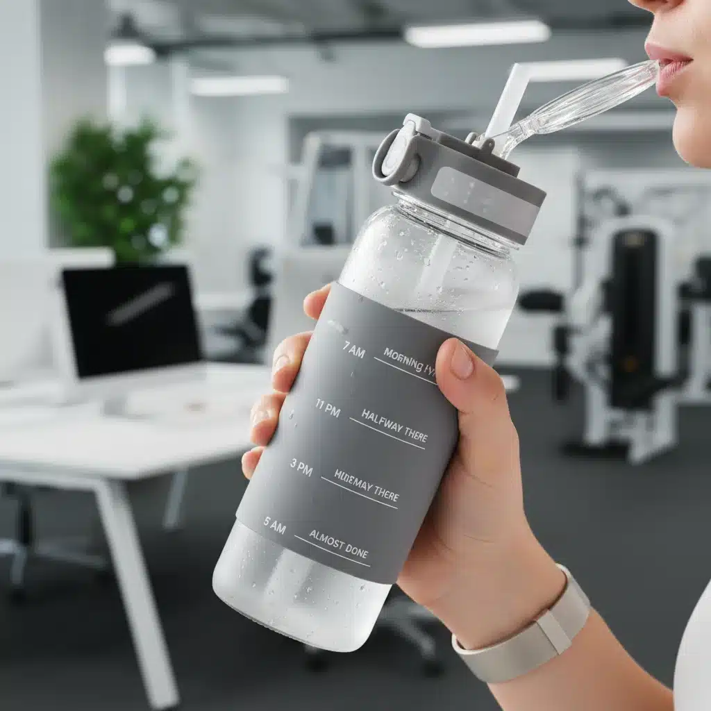 Person holding a reusable water bottle, promoting consistent hydration throughout the day.