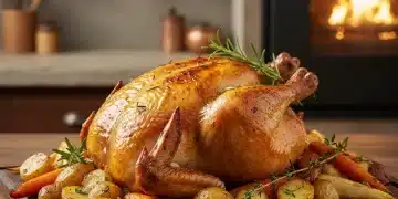 Golden brown roasted chicken with root vegetables on a wooden board