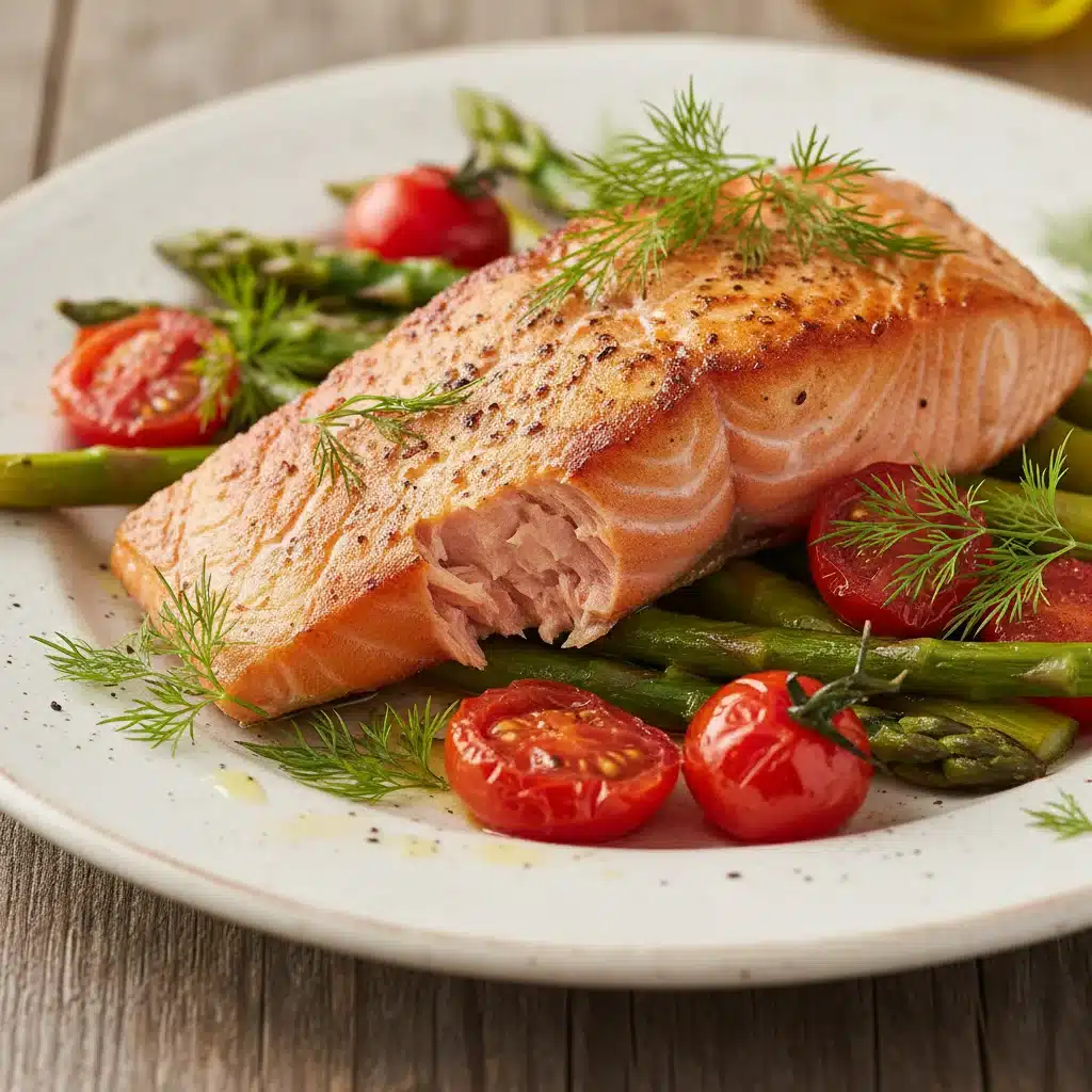Pan-seared salmon with roasted asparagus and cherry tomatoes