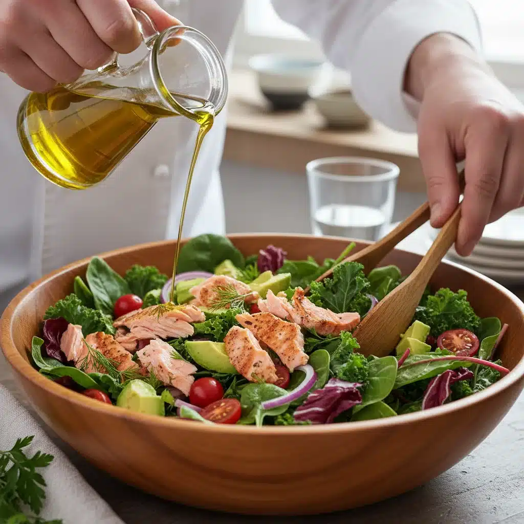 Chef preparing a fresh salmon and avocado salad, rich in omega-3s.