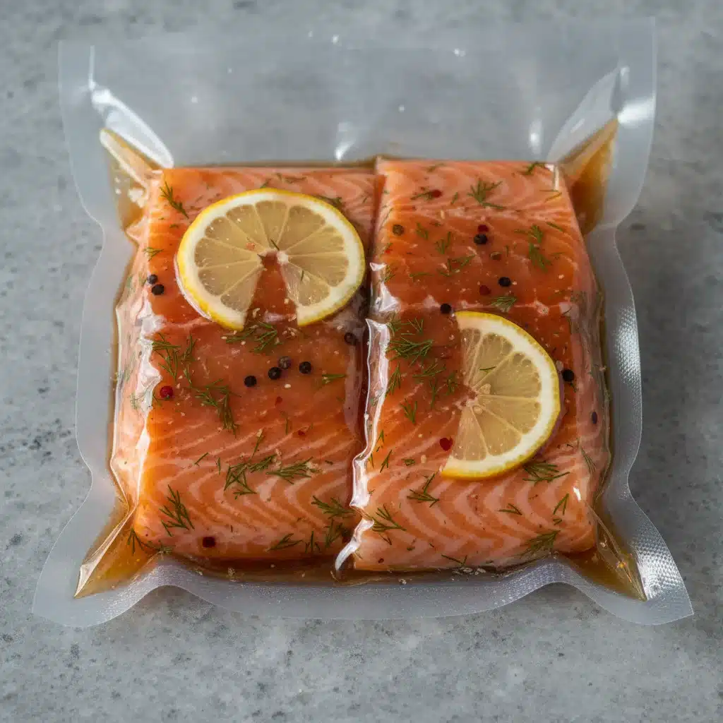 Salmón marinado sellado al vacío, mostrando el sellado hermético y la frescura del alimento.