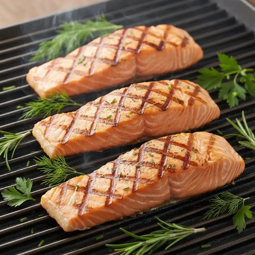 Perfectly seared salmon fillets with distinct grill marks on a barbecue grate.