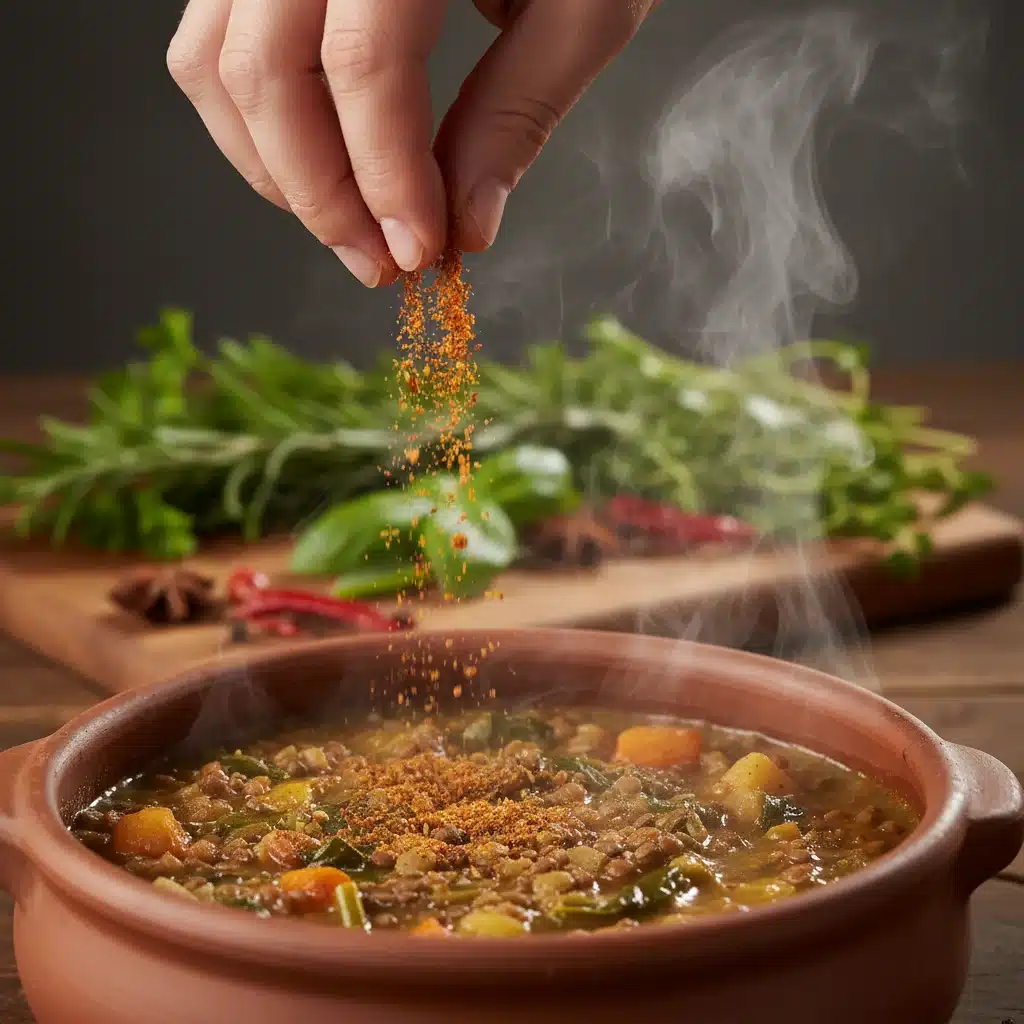 Chef adding secret flavor-enhancing spice blend to plant-based stew