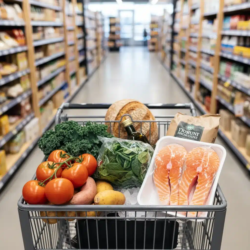 Grocery cart with essential ingredients for 5-ingredient family dinners.
