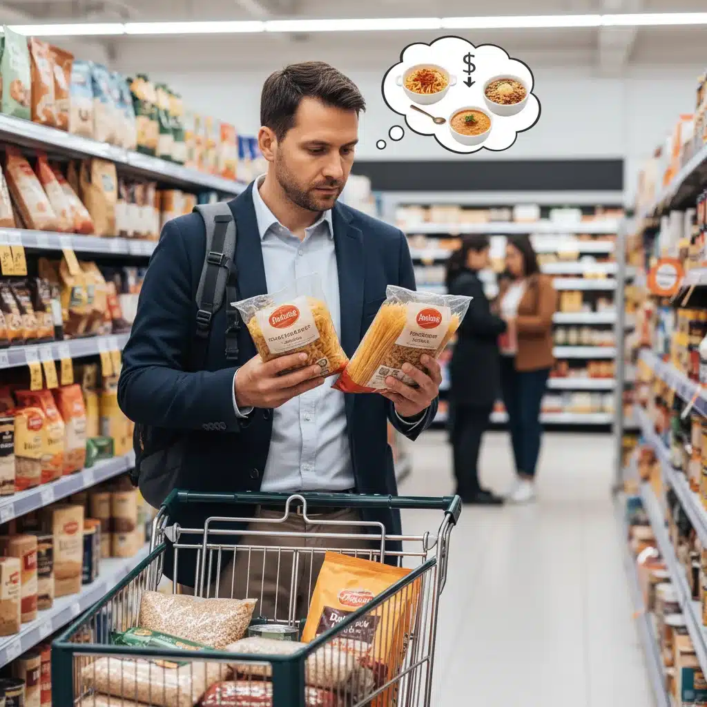 Person comparing prices at grocery store for budget-friendly main dish ingredients.
