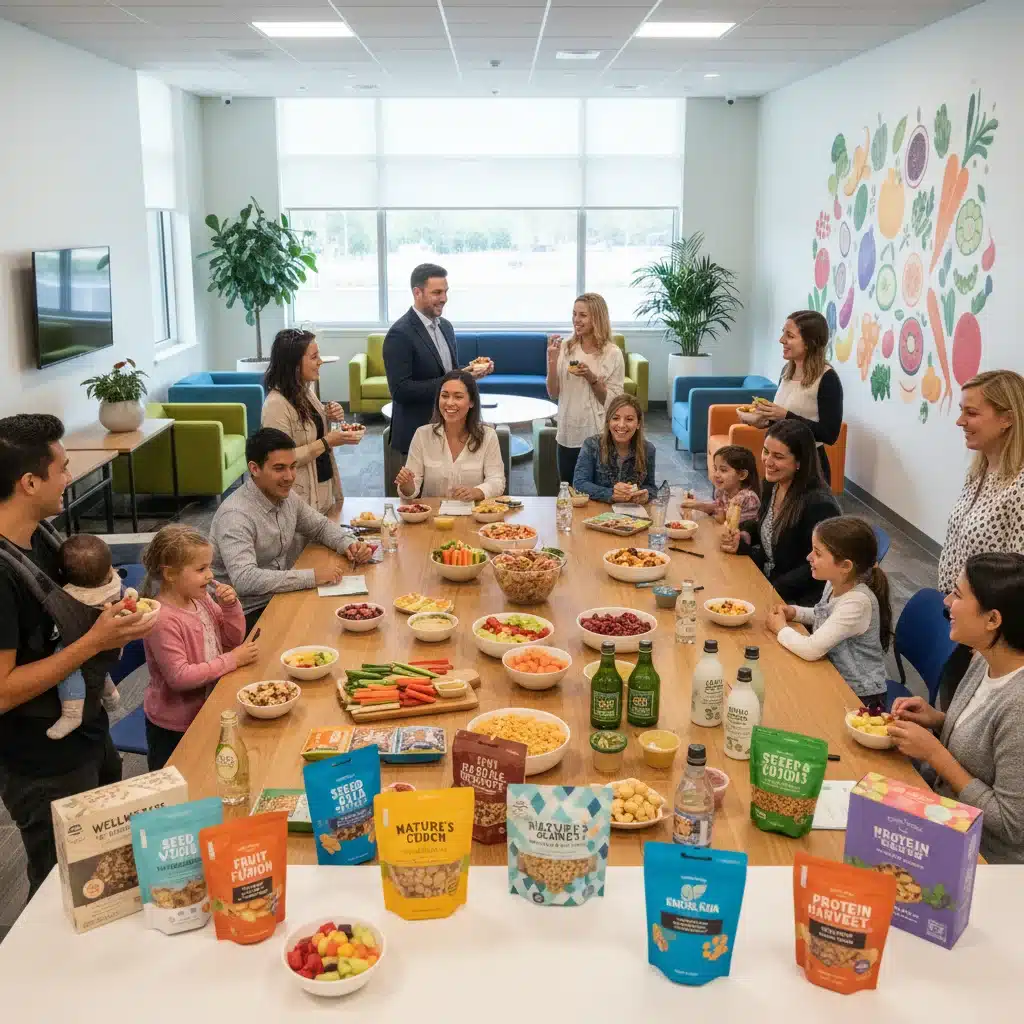 Diverse group of people enjoying healthy snacks in a modern setting, illustrating the broad appeal of new snack brands.