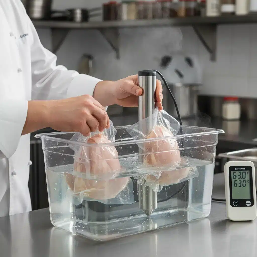 Vacuum-sealed chicken breasts entering a sous vide water bath with an immersion circulator.