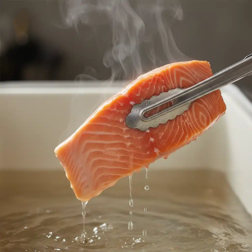 Sous-vide cooked salmon fillet being removed from a water bath.