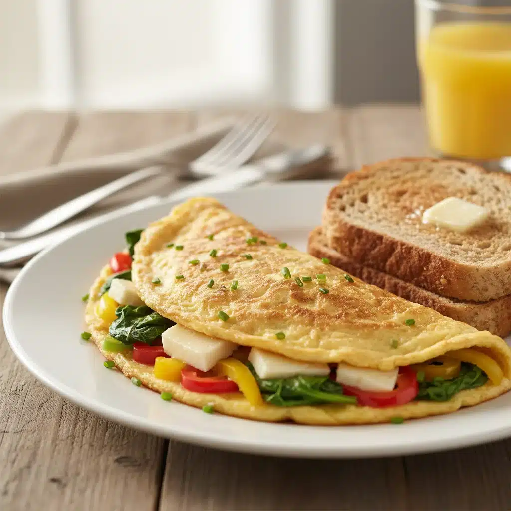 Fluffy omelet with vegetables and cheese on a white plate with toast.