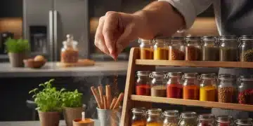 Organized spice rack with a hand sprinkling spices over a quick meal, symbolizing flavor elevation.