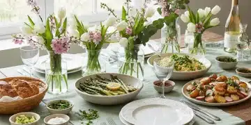 Spring dining table with colorful seasonal main dishes and fresh flowers