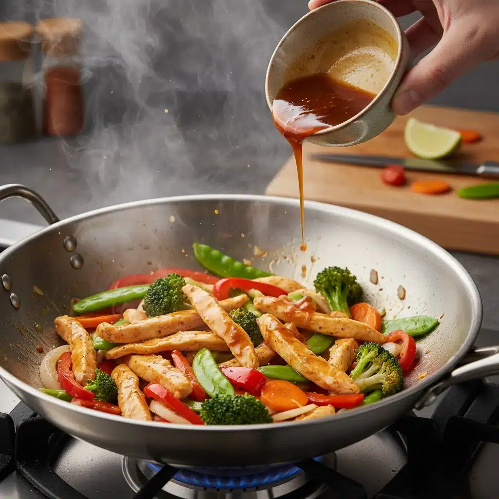 Sizzling chicken and vegetable stir-fry cooking quickly in a hot pan.